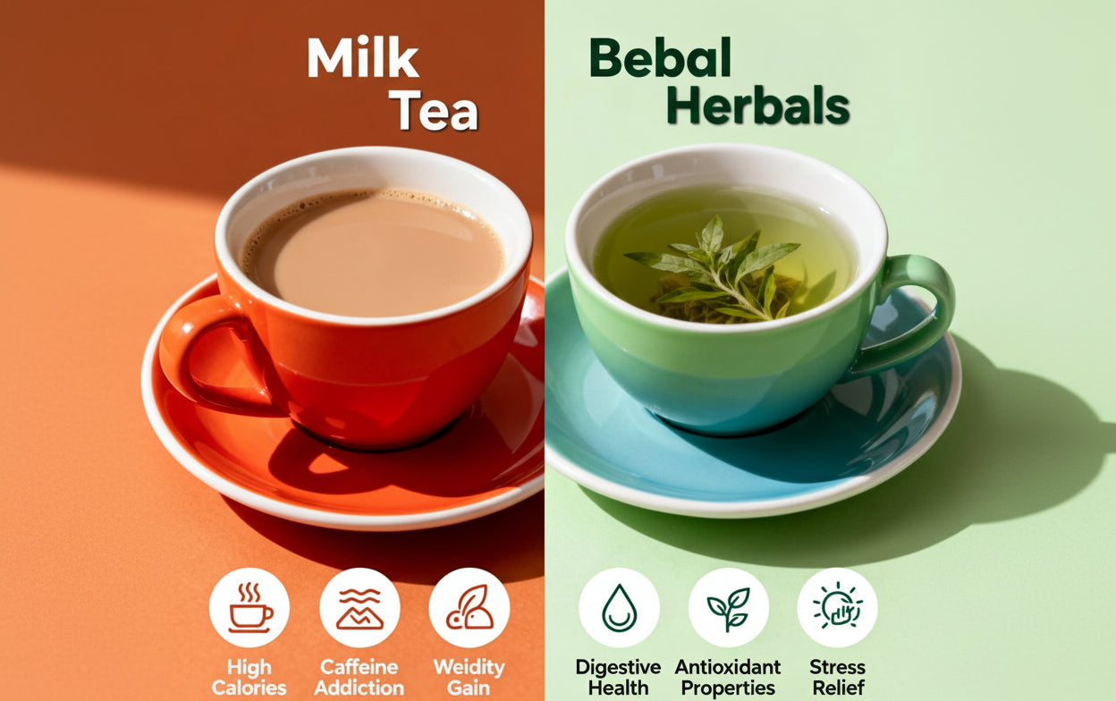 Two cups of tea, one milk tea and one herbal tea, with health benefits listed below each.